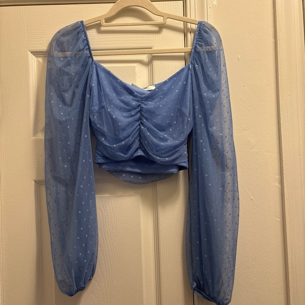 American Threads Light Blue Sheer Puff-Sleeve Ruched Crop Top